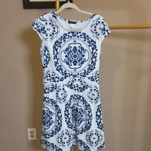 VENUS White and Navy Medallion Fit & Flare Mini Dress